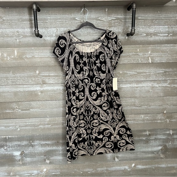 Sonoma | Black Beige Patterned Short Sleeve Midi Dress Size L - Picture 6 of 10